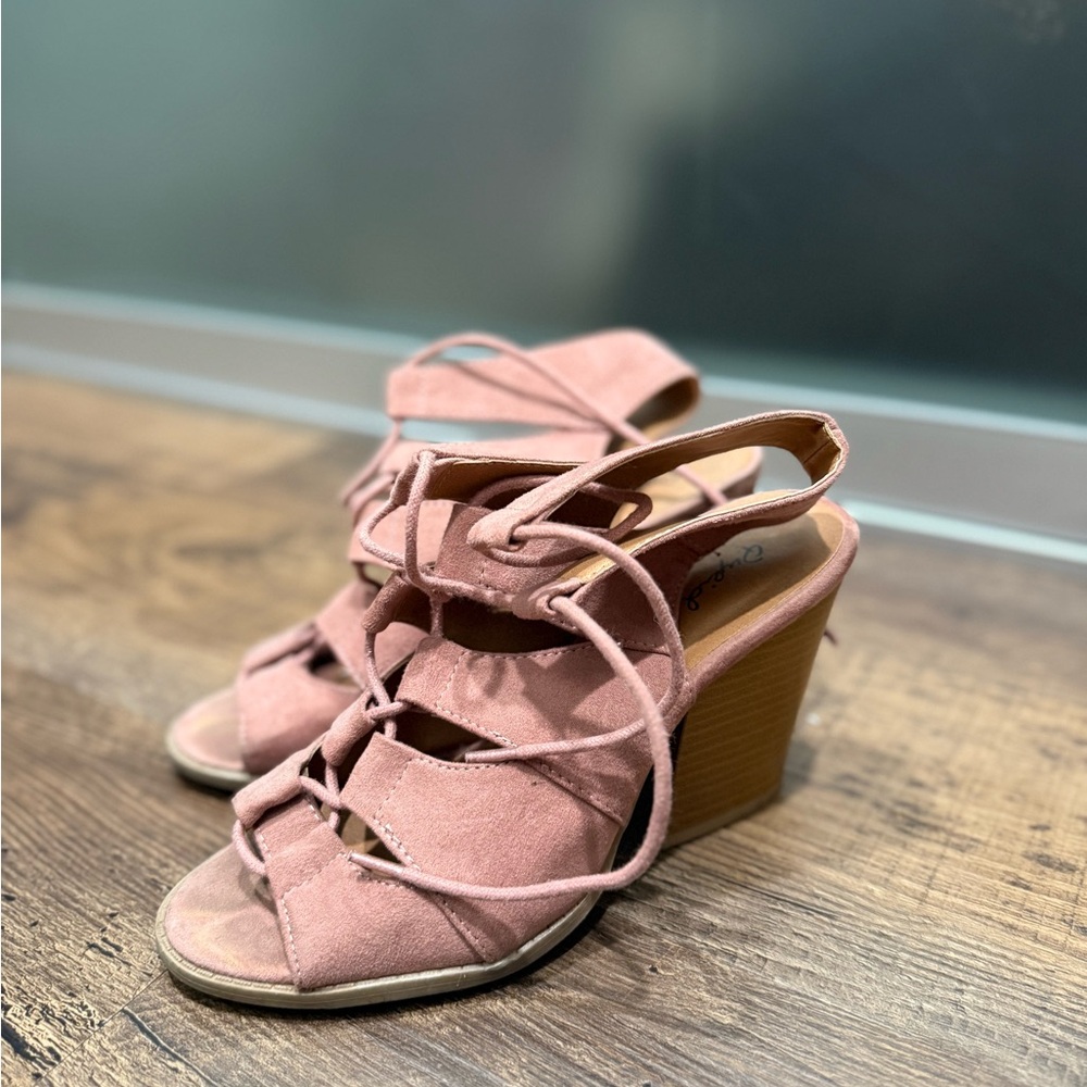 Pink Strappy Wedge Sandals